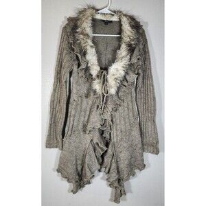 Slonl Cardigan Long Open-Front with Ruffle Detailing & Faux Fur Collar Size S
